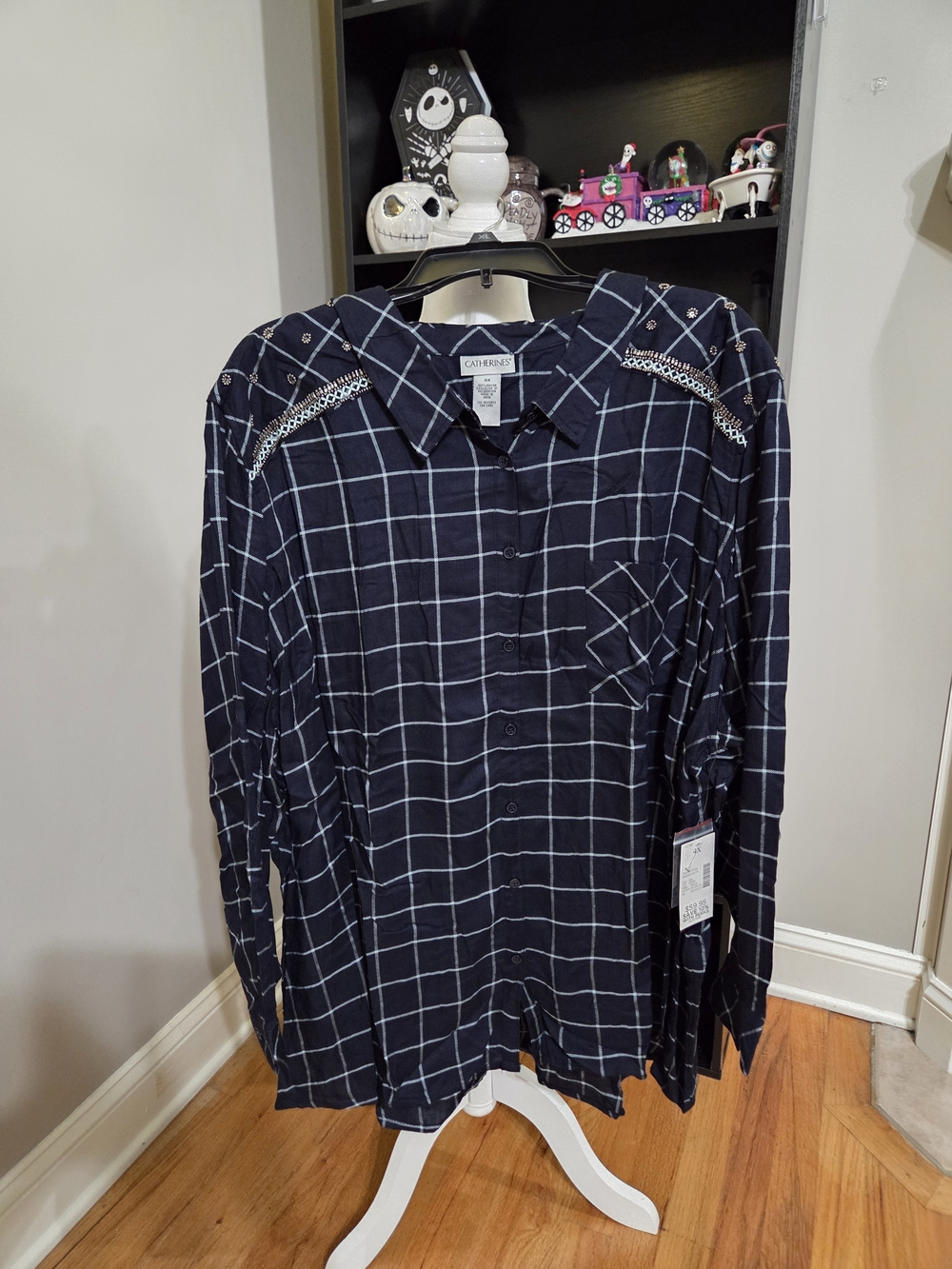 Catherines Navy and White Windowpane Button-Down Blouse